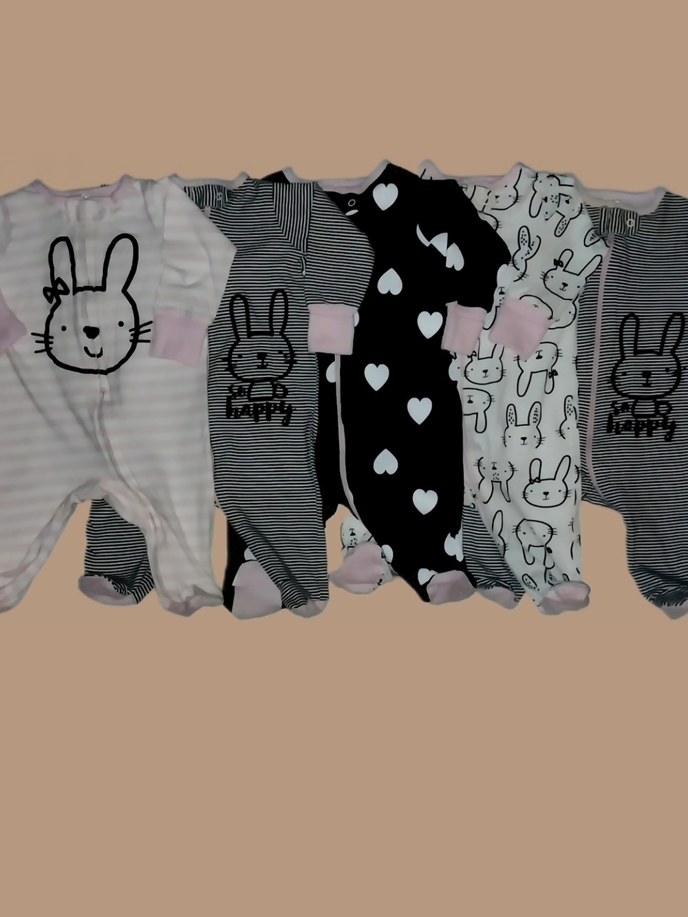 5 Pair Newborn Gerber's Pink, Black, Bunny, Heart, One-Piece Footed Sleepers Exc